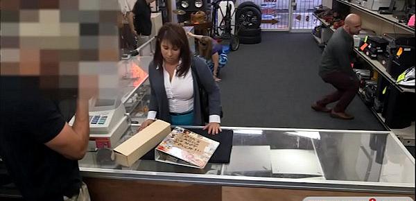  MILF sells her hubbys postcards and fucked by pawn guy